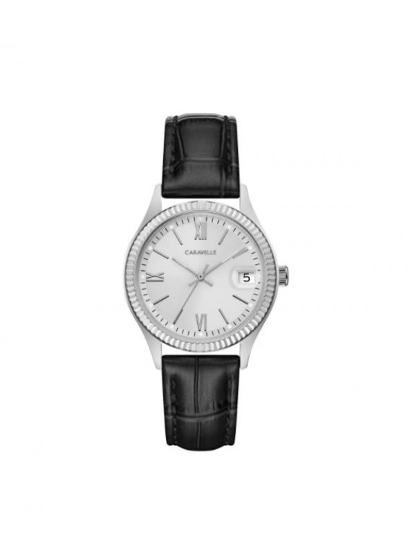 Caravelle Designed by Bulova Women's 43M116 Coin Edge Stainless Black Leather Strap Watch