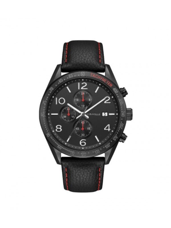 Caravelle by Bulova Mens 45B153 Black IP Stainless Chrono Black Leather Strap Watch