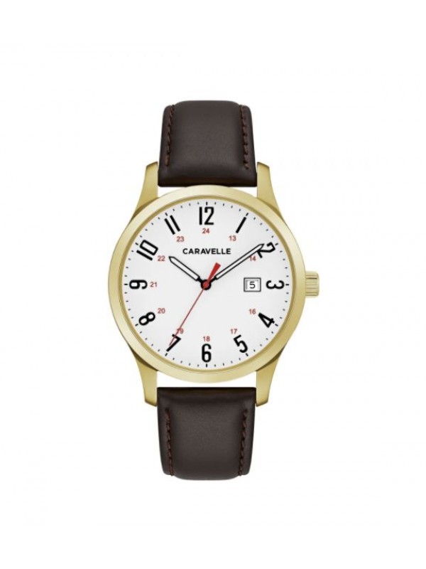 Caravelle Designed by Bulova Men's 44B116 Easy Reader Goldtone Stainless Brown Leather Strap Watch