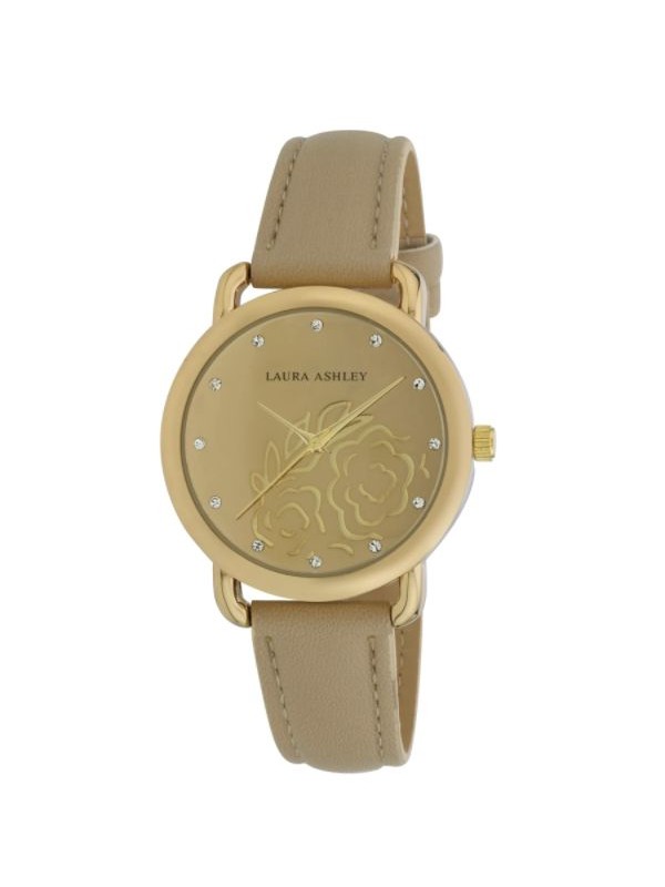Laura Ashley Womens Gold Floral Mirror Dial Strap Watch