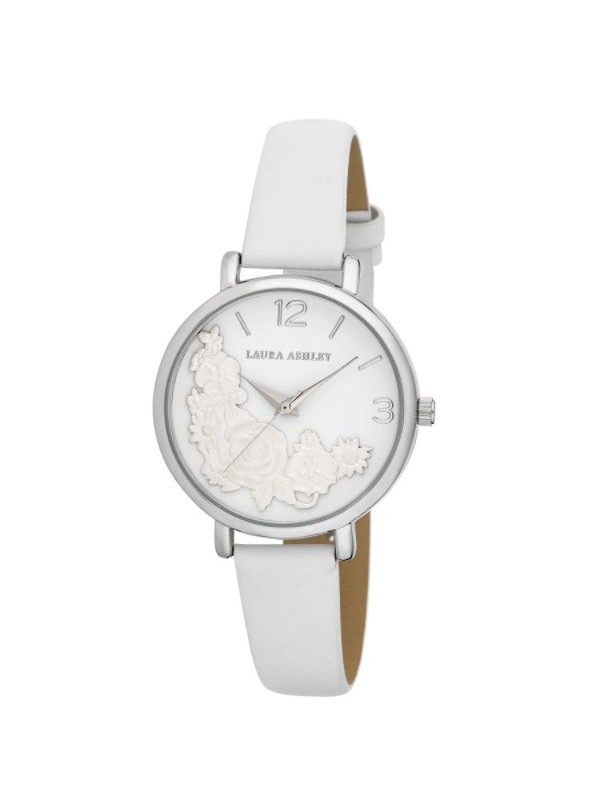Laura Ashley Womens Silver Round Floral Bounty Strap Watch