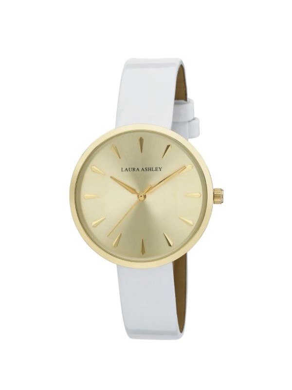 Laura Ashley Womens Gold Round Case With White Strap Watch