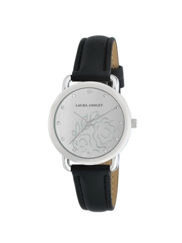 Laura Ashley Womens Silver Floral Mirror Dial Strap Watch