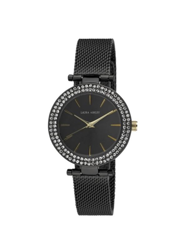 Laura Ashley Ladies Black T-Bar Case Double Stone Bezel Mesh Band Watch