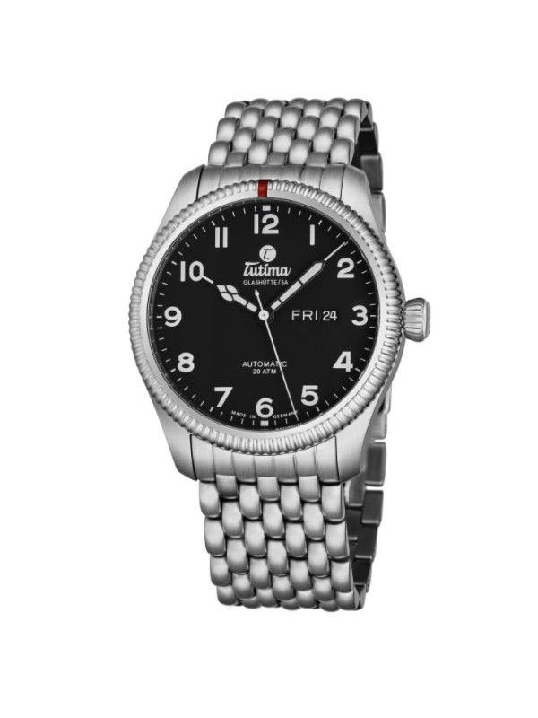 Tutima Men's 6102-02 'Grand Flieger' Black Dial Stainless Steel Date Day German Mechanical Automatic Watch