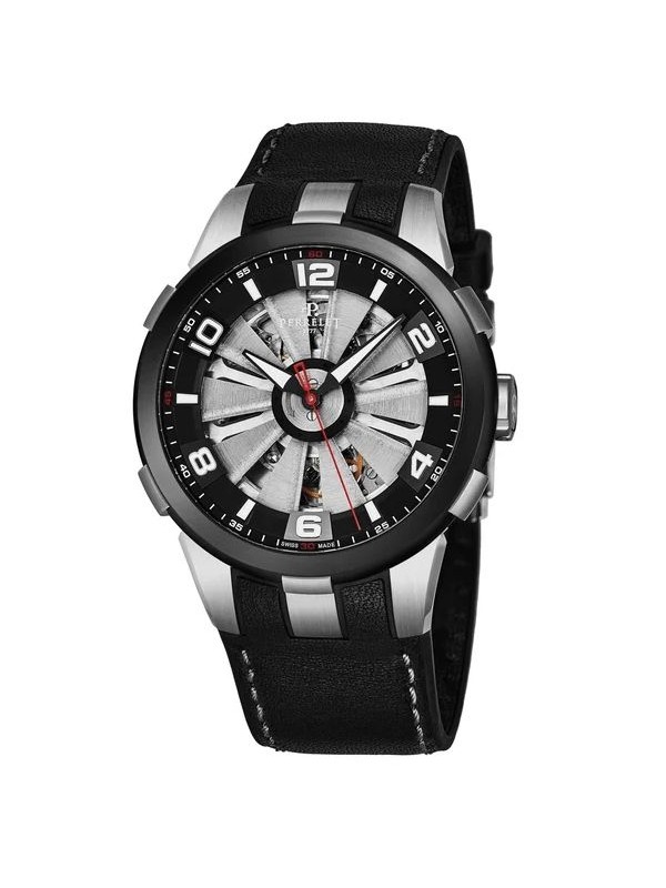 Perrelet Men's A1082/1A 'Turbine Skeleton' Silver Skeleton Dial Black Leather Strap Automatic Watch