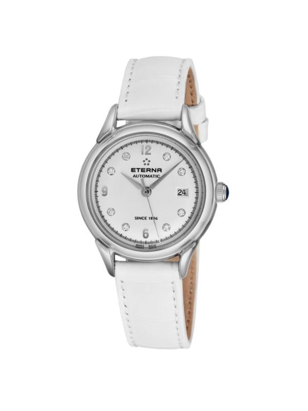 Eterna Women's 2956.41.16.1390 'Heritage 1948 For Her' Silver Diamond Dial White Leather Strap Automatic Watch