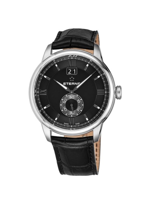 Eterna Men's 2971.41.46.1327 'Adventic' Black Dial Black Leather Strap Big Date Quartz Swiss Made Watch