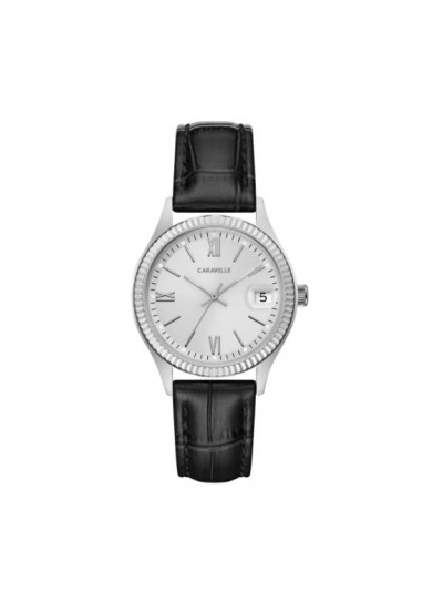 Caravelle Designed by Bulova Women's 43M116 Coin Edge Stainless Black Leather Strap Watch
