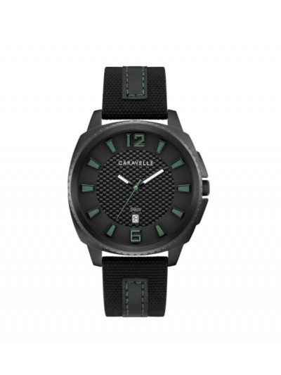 Caravelle by Bulova Mens 45B155 Black IP Stainless Carbon-Fiber Accent Dial Black Nylon Leather Strap Watch