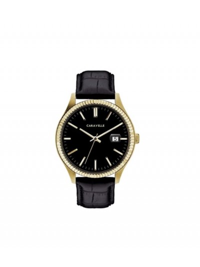 Caravelle Designed by Bulova Men's 44B118 Gold-Tone Stainless Black Leather Strap Watch