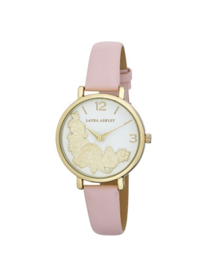 Laura Ashley Womens Gold Round Floral Bounty Strap Watch