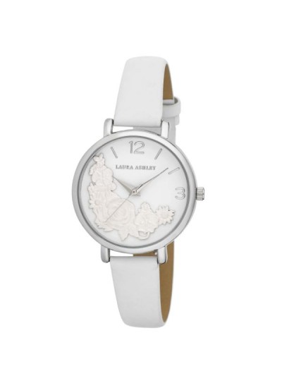 Laura Ashley Womens Silver Round Floral Bounty Strap Watch