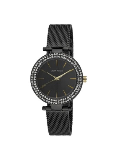 Laura Ashley Ladies Black T-Bar Case Double Stone Bezel Mesh Band Watch