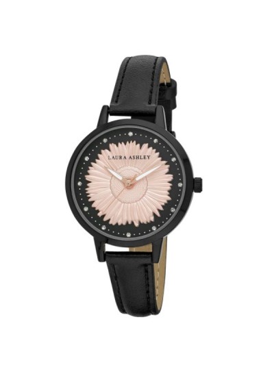 Laura Ashley Womens Black Round "Sunflower" Dial Strap Watch