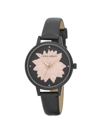 Laura Ashley Womens Black Round "Flower" Dial Strap Watch