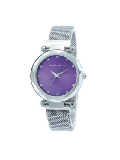 Laura Ashley Womens Silver Strap Purple Dial Facet Bezel Magnet Closure Watch