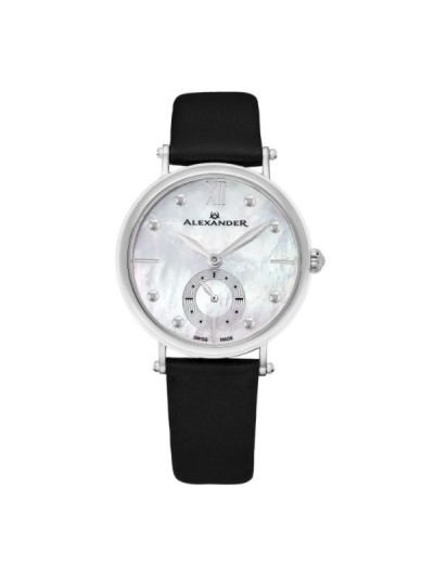 Alexander Women's Swiss Made Roxana Black Satin Leather Strap Watch
