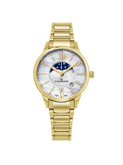 Alexander Women's Swiss Made Moonphase 'Vassilis' Gold Tone Stainless Steel Link Bracelet Watch