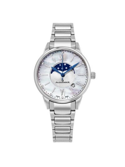 Alexander Women's Swiss Made Moonphase Vassilis Stainless Steel Link Bracelet Watch