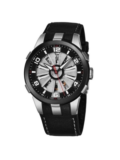 Perrelet Men's A1082/1A 'Turbine Skeleton' Silver Skeleton Dial Black Leather Strap Automatic Watch