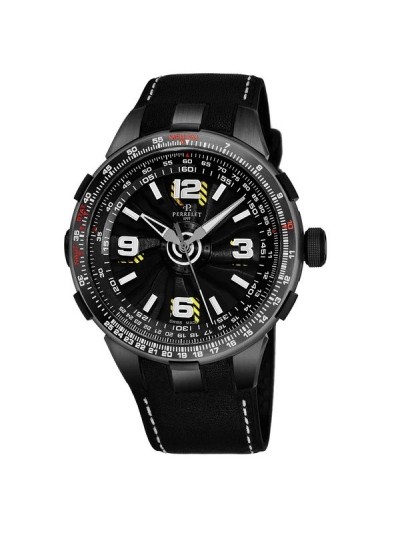 Perrelet Men's A1086/1A 'Turbine Pilot' Black Dial Black Leather Strap Slide Rule Automatic Watch