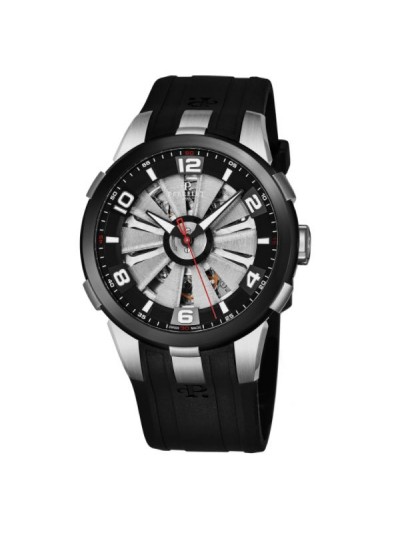 Perrelet Men's A1082/1 'Turbine Skeleton' Silver Skeleton Dial Black Rubber Strap Automatic Watch