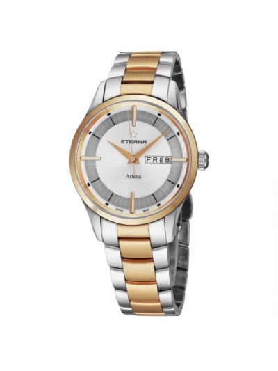 Eterna Men's 2525.53.11.1725 'Artena' Silver Dial Stainless Steel Two Tone Day Date Swiss Quartz Watch