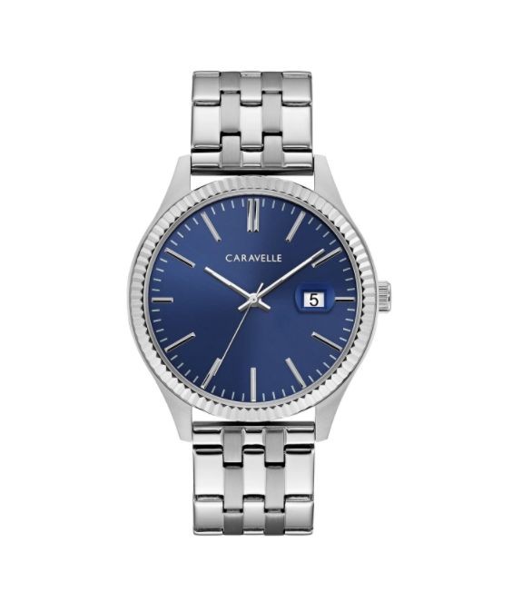 Caravelle Designed by Bulova Men's 43B151 Stainless Coin Edge Bezel Blue Dial Bracelet Watch