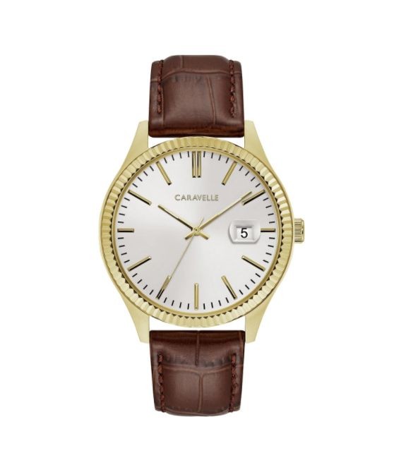 Caravelle Designed by Bulova Men's 44B115 Gold-Tone Stainless Coin-Edge Bezel Brown Leather Strap Watch
