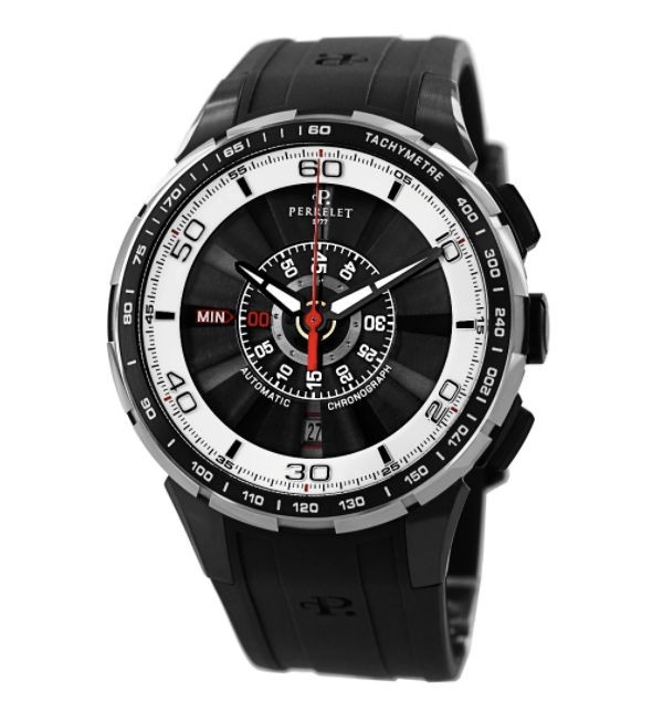 Perrelet Men's A1075/1 'Turbine Chrono' Black/White Dial Black Rubber Strap Automatic Watch