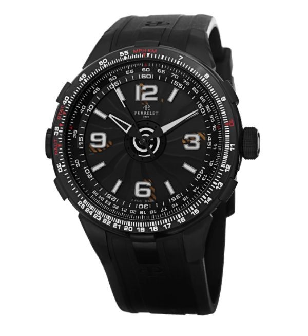 Perrelet Men's A1086/1 'Turbine Pilot' Black Dial Black Rubber Strap Slide Rule Automatic Watch