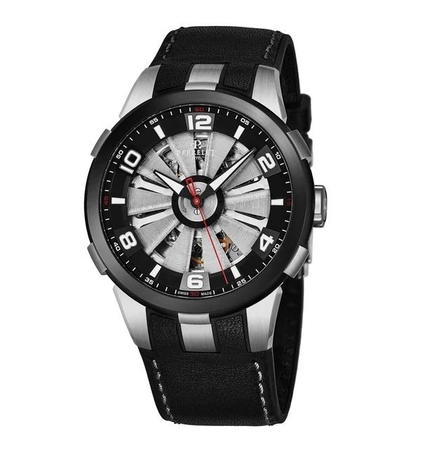 Perrelet Men's A1082/1A 'Turbine Skeleton' Silver Skeleton Dial Black Leather Strap Automatic Watch