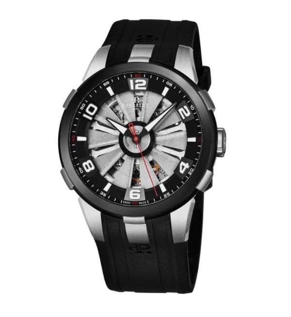 Perrelet Men's A1082/1 'Turbine Skeleton' Silver Skeleton Dial Black Rubber Strap Automatic Watch