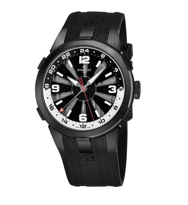 Perrelet Men's A1093/1 'Turbine GMT' Black/Silver Dial Black Rubber Strap Automatic Watch