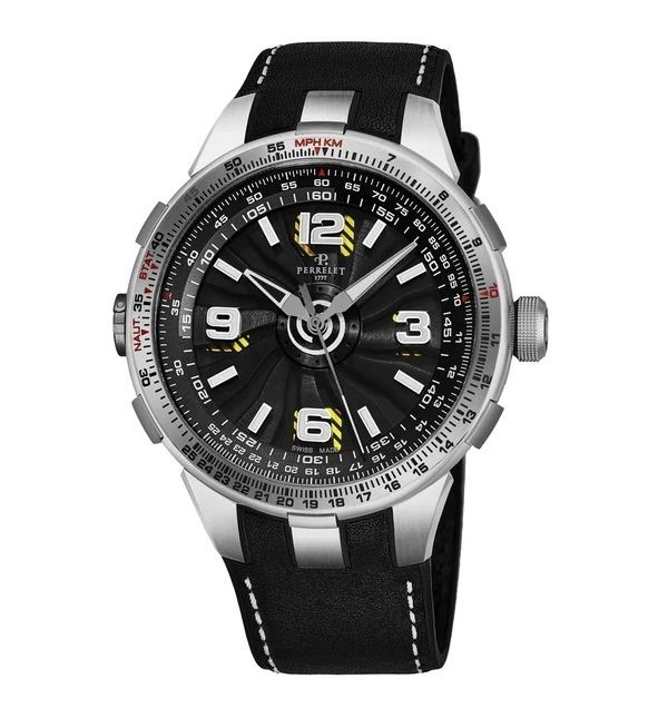 Perrelet Men's A1085/1A 'Turbine Pilot' Black/Yellow Dial Black Leather Strap Automatic Watch