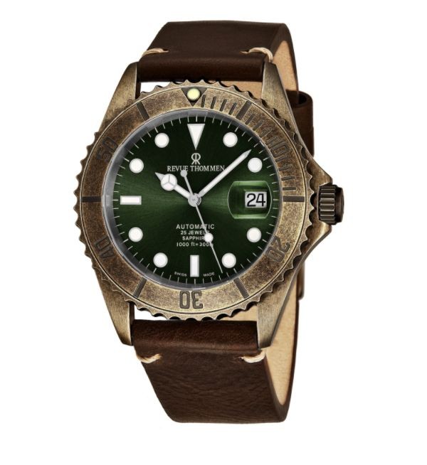 Revue Thommen 17571.2583 'Diver' Green Dial Black Leather Strap Date Automatic Watch