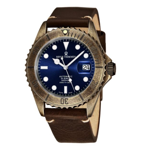 Revue Thommen 17571.2585 'Diver' Blue Dial Brown Leather Strap Gunmetal Automatic Watch