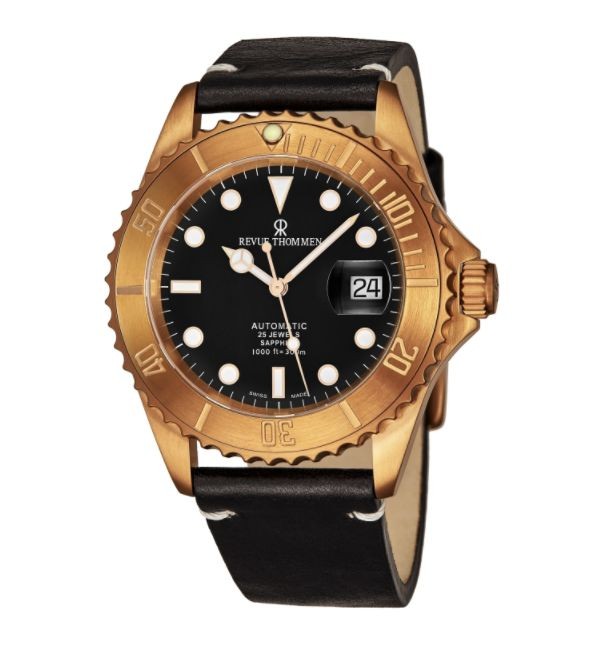 Revue Thommen Men's 1757.2597 'Diver' Black Dial Black Leather Strap Date Automatic Watch