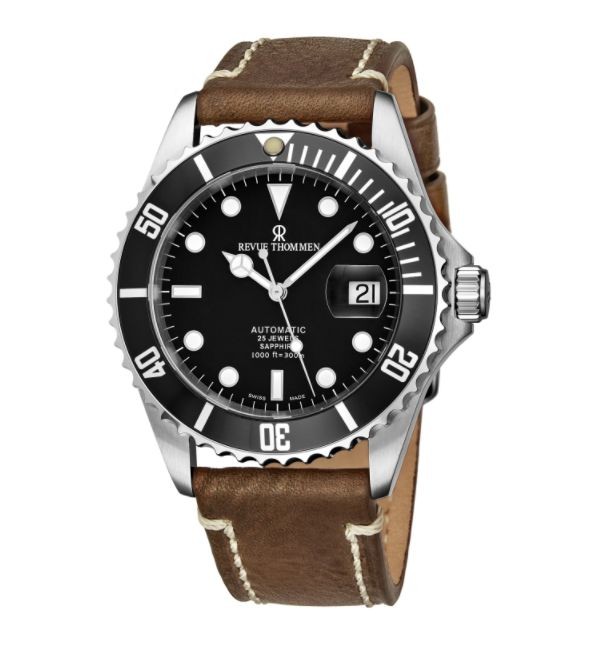 Revue Thommen Men's 17571.2537 'Diver' Black Dial Brown Suede Leather Strap Swiss Automatic Watch