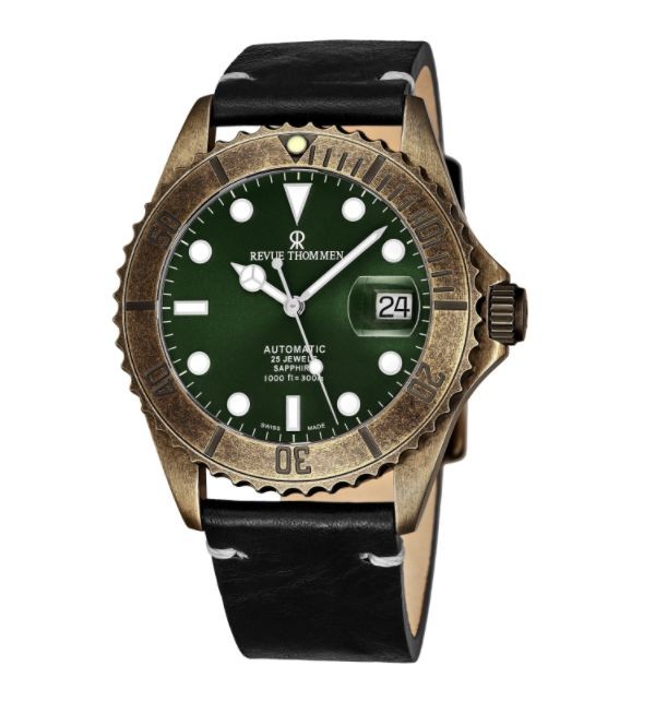 Revue Thommen 17571.2583 'Diver' Green Dial Black Leather Strap Date Automatic Watch