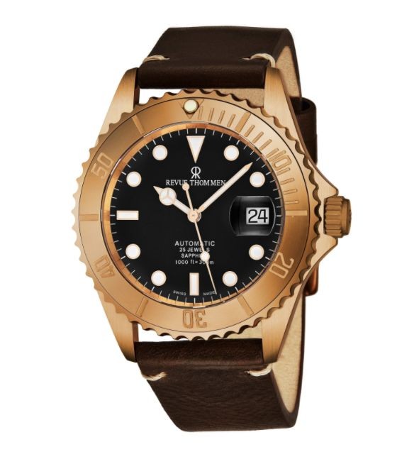 Revue Thommen Men's 17571.2599 'Diver' Black Dial Brown Leather Strap Bronze/Steel Automatic Watch