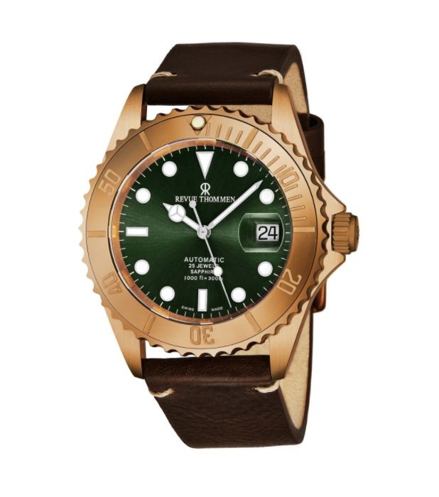 Revue Thommen Men's 17571.2594 'Diver' Green Dial Brown Leather Strap Bronze/Steel Automatic Watch
