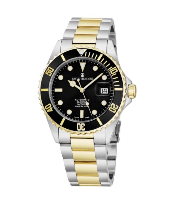 Revue Thommen Men's 17571.2147 'Diver' Black Dial Stainless Steel/Goldtone Bracelet Swiss Automatic Watch