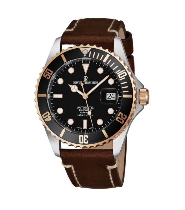 Revue Thommen Men's 17571.2557 'Diver' Black Dial Light Brown Leather Strap Two Tone Swiss Automatic Watch